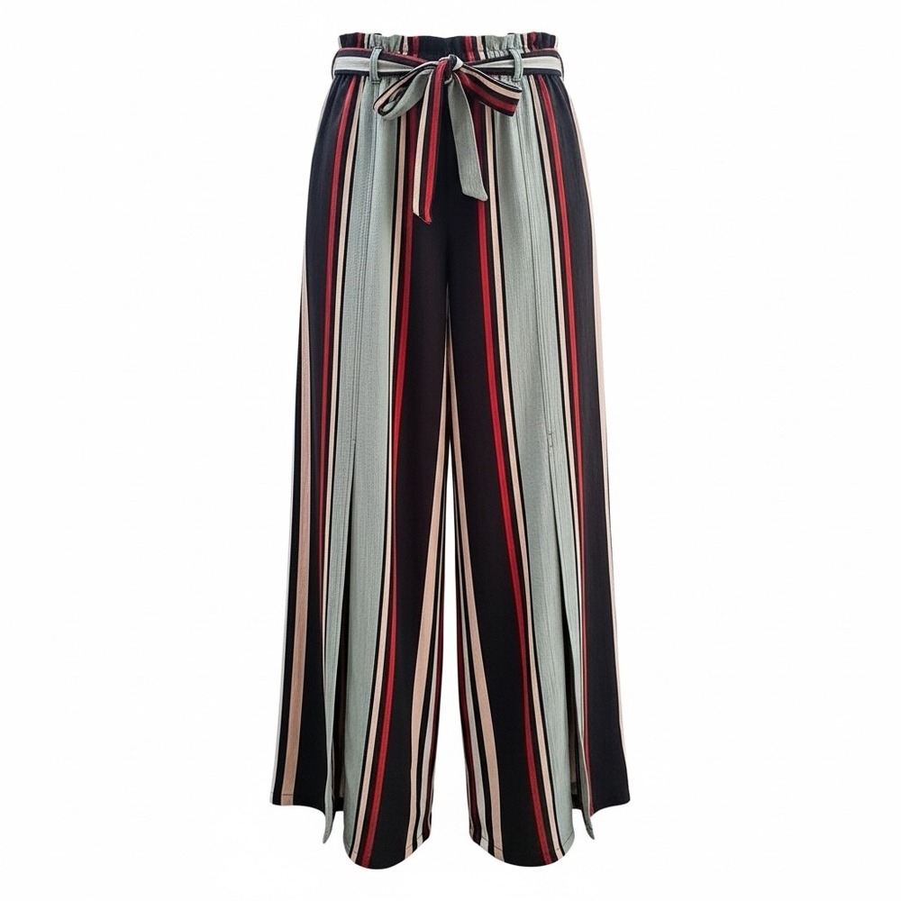 Angie Striped Wide Leg Palazzo Pants Paperbag Waist Split Leg Multi-Color Medium